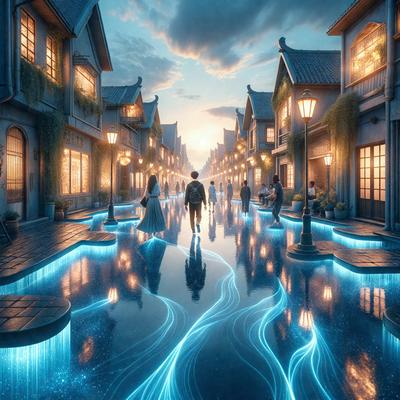 The primary subject of the image is a man walking down a street at night. The setting is a city street with buildings on both sides, and the visual style is a digital art or illustration. The colors and mood of the image are predominantly blue, creating a serene and peaceful atmosphere.